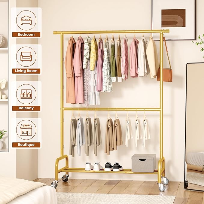 Abiglifty 2 Tier Clothes Rcks for Hanging Clothes, Heavy-Duty Clothing Rack with Wheels,150LBS Capacity, 42" W X15 D X 77" H Garment Rack with Bottom Shelf, for Bedroom, Living Room, Gold