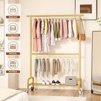 Abiglifty 2 Tier Clothes Rcks for Hanging Clothes, Heavy-Duty Clothing Rack with Wheels,150LBS Capacity, 42" W X15 D X 77" H Garment Rack with Bottom Shelf, for Bedroom, Living Room, Gold