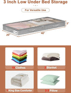 3 Inch Low Profile Under Bed Storage Bins with NO STURCTURE Design, Shallow Clothes Storage Bags with Clear Lids & Waterproof Fabric - Fits Under Sofa, Couch, Dorm, or College Beds，40x20x3inch，Grey