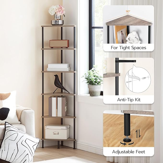 HOOBRO Corner Shelf Stand, Industrial 6-Tier Corner Bookshelf with Metal Frame, Plant Display Shelf, Bookcase for Small Spaces, Living Room, Greige and Black BG36CJ01