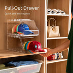 2 Pack Hat Organizer for Baseball Caps – Stackable Clear Display Box with Sliding Drawer, Holds 15 Baseball Caps, Closet and Shelf Organizer for Hats, Transparent Display with Anti-Slip Feet