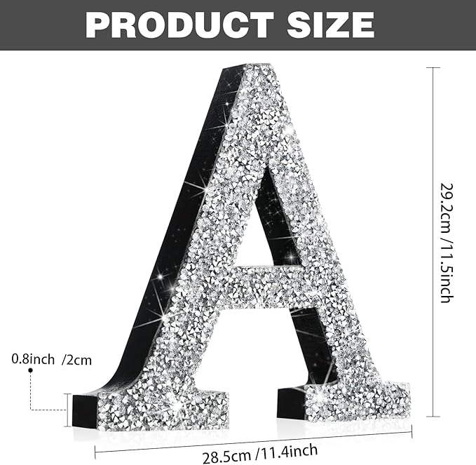 Qunclay 12'' Silver Crystal Diamond Bling Letters Crushed Diamond Decoration Wooden Glitter Letter with Screw and Hooks Rhinestone Gift for Wedding Y2k Mcbling Bedroom Wall Decor (Letter A)