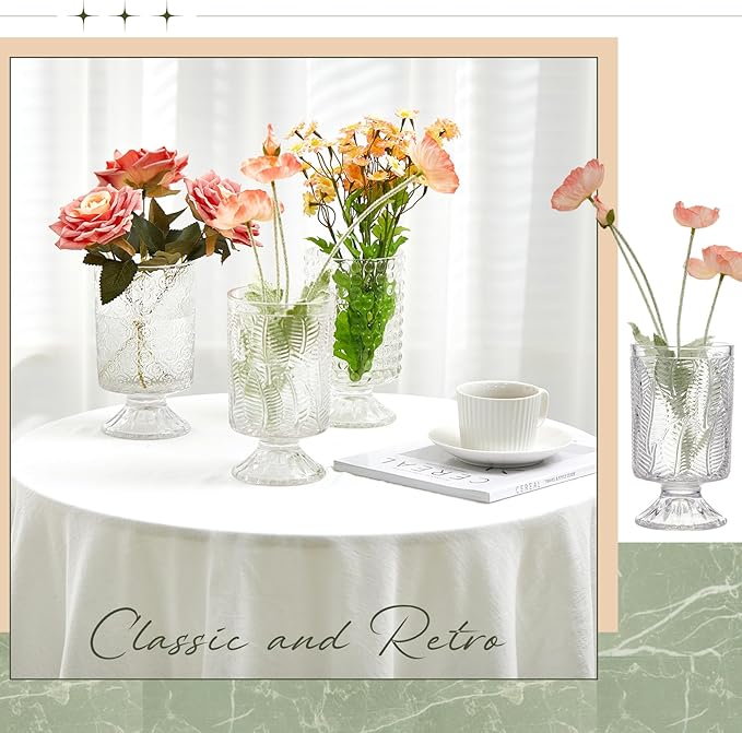 6 Pcs (H:7" W:4") Embossed Flower Vase Pedestal Glass Vase Big Base Thickened Crystal Vintage Vases for Valentines Day Wedding Home Decor Table Centerpiece House Warming Gifts(Clear)