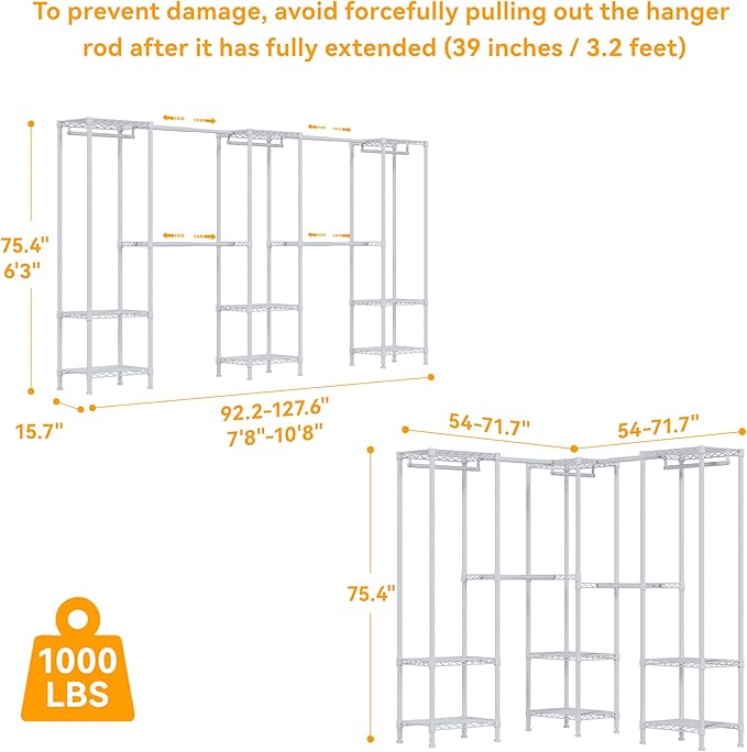 H11 Heavy Duty Garment Rack, Clothing Rack for Hanging Clothes, Extra Large Closet, Freestanding Wardrobe Closet Organizer and Storage with Hanger Rods, Extendable from 7.8 to 10.8 ft, White