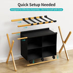 Natural Bamboo Luggage Rack with 4 Storage Compartments ，Foldable Suitcase Stand, Luggage Rack for Guest Room , 150lbs Capacity, Sturdy,