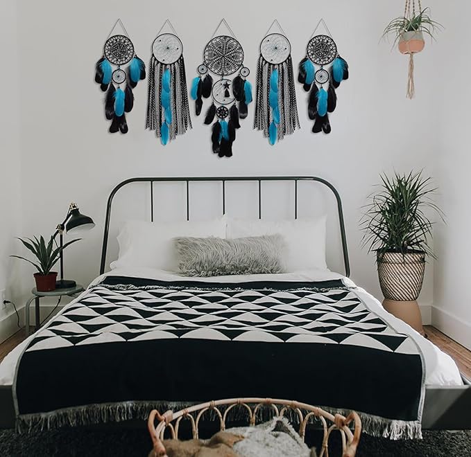 5 Pack Black Teal Dream Catchers Wall Decor Moon and Sun Feather Handmade Traditional Dreamcatchers Large Boho Macrame Wall Hanging for Bedroom Adult Native American Decor Bohemian Decorations
