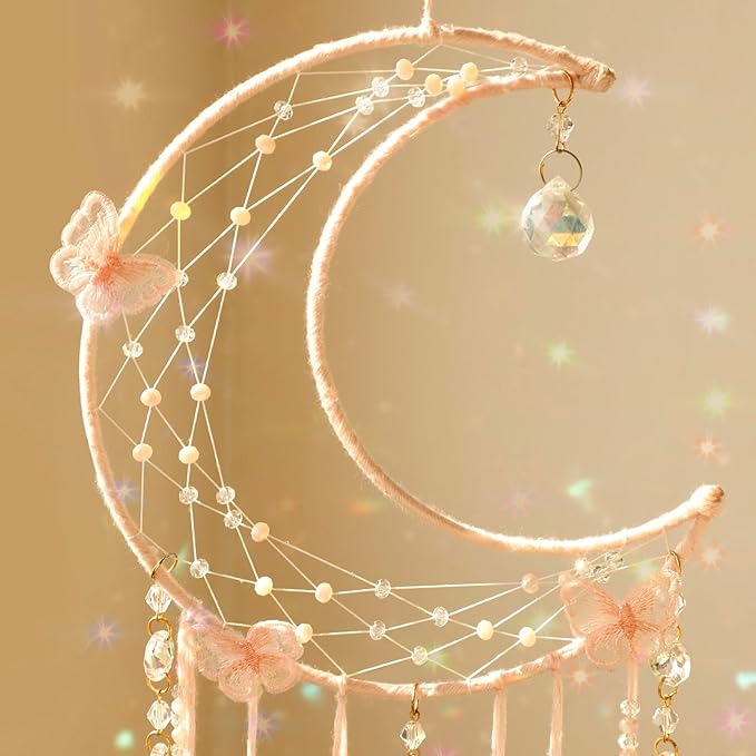 Artilady Butterfly Dream Catchers with Crystals - Large Boho Pink Moon Dream Catcher Wall Decor Home Decorations Girls Kids Baby Bedroom Room Decor Christmas Birthday Teen Girl Boys Gifts