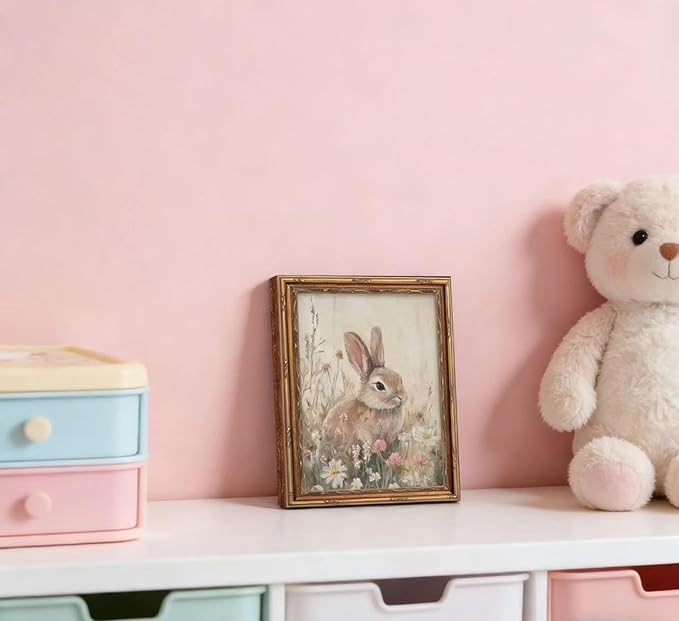 Vintage Gold Framed Bunny Wall Art, Spring Rabbit and Wildflowers Cottagecore Painting Canvas Print, Country Animal Picture Wall Decor, Rustic Farmhouse Floral Poster Artwork for Living Room Bedroom