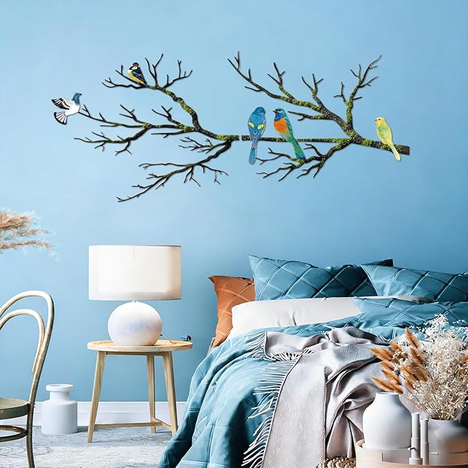 ESTART Metal Birds Wall Art, Metal Vivid Birds on Branch Silhouette Wall Decor Black Leaves with Bird Outdoor Hanging Wall Sculpture for Home Balcony Garden (Bright Color, Large)