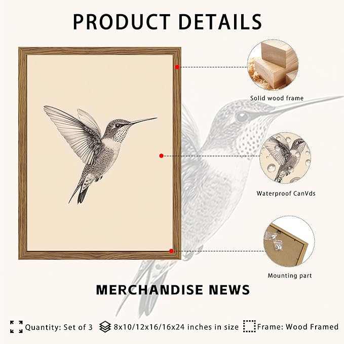Vintage Framed Wall Art, Birds Canvas Prints, Hummingbird Sketch Painting Picture, Neutral Farmhouse Artwork Wall Decor for Living Room Bedroom – Dark Wooden Frame 8x10in