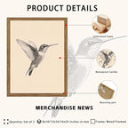 Vintage Framed Wall Art, Birds Canvas Prints, Hummingbird Sketch Painting Picture, Neutral Farmhouse Artwork Wall Decor for Living Room Bedroom – Dark Wooden Frame 8x10in