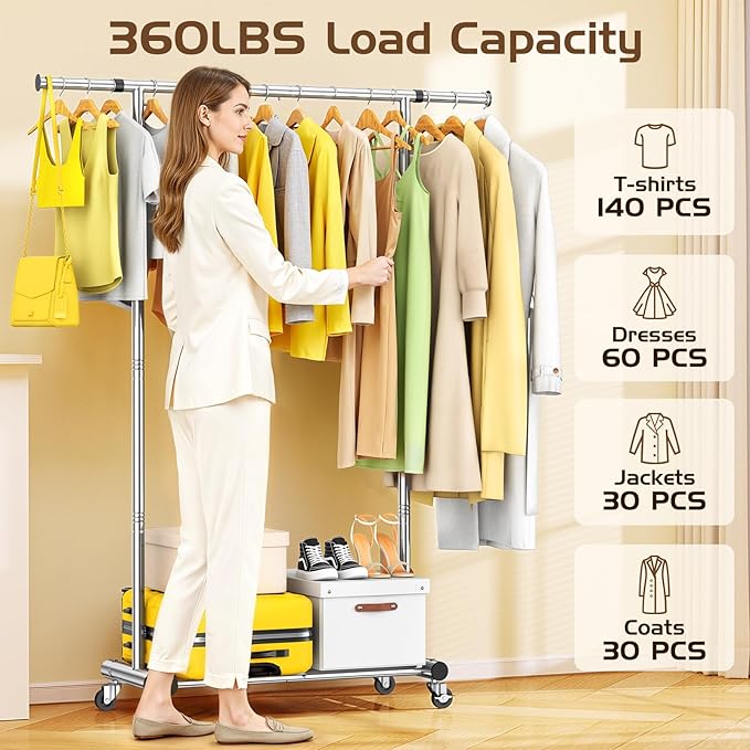 Clothes Rack for Hanging Clothes, Sturdy Stainless Steel Clothing Rack, Portable Garment Rack with Extendable Hanging Rod, Adjustable Rolling Coat Rack with Anti-Slip Wheels for Home Conmercial Store