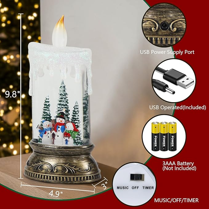 Wondise Rechargeable Musical Snow Globe Lantern with 6H Timer, Battery Operated USB Powered Lighted Snow Globe Lamp Spinning Water Swirling Glitters Holiday Decor Snowman Famliy