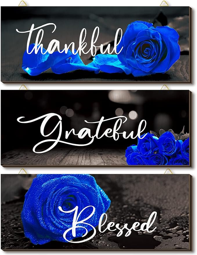 Hillban 3 Pieces Rose Wooden Wall Decor Rose Bathroom Decor Thankful Grateful Blessed Accessories Inspirational Wall Art Signs for Living Room Kitchen Wedding(10 x 4 Inch,Blue)