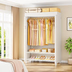 H5C Plus Clothes Rack with Cover, Portable Closet for Hanging Clothes, Covered Clothing Racks Heavy Duty, 3-Tiers Garment Rack with Shelves Max Load 370LBS White Closet Rack with White Cover