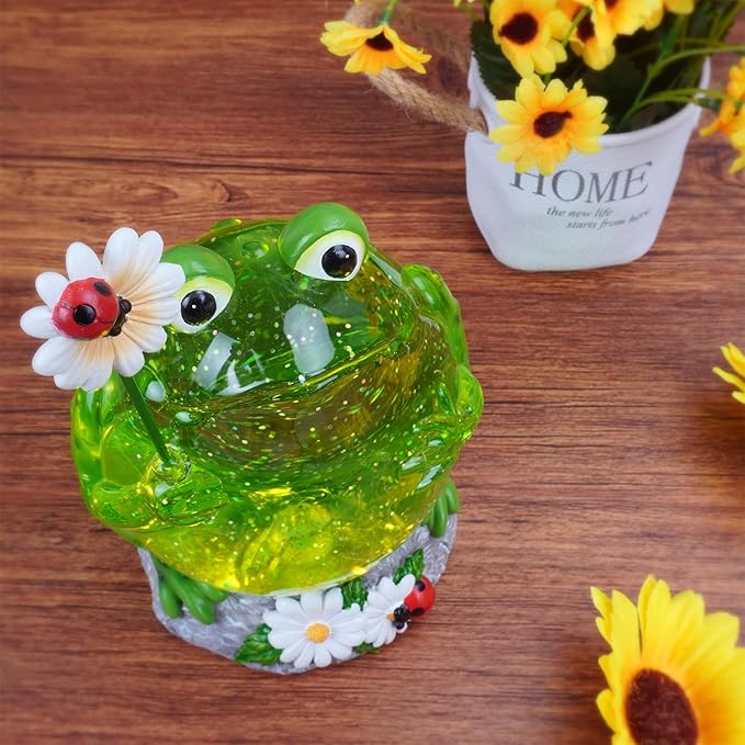 Spring Frog Snow Globe Decor with 6H Timer, Swirling Glitter Frog Snowglobe Spring Figurine Decorations, USB/Battery Operated, for Spring Holiday Home Decor and Gift (Frog Flower)
