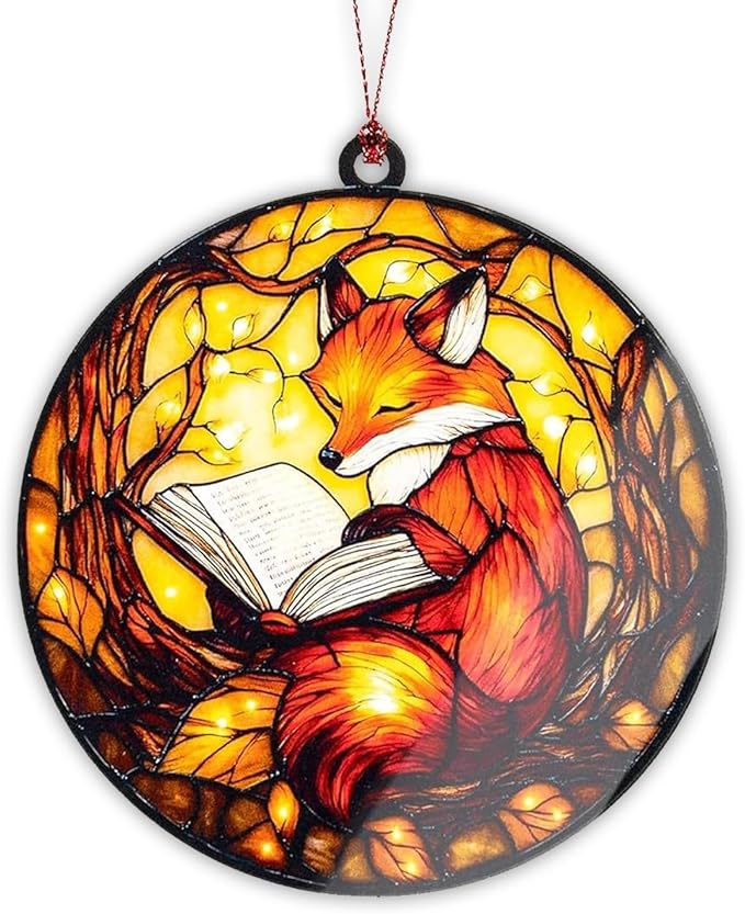 Fox Ornament, Book Lover Gifts for Women, Book Ornament, Christmas Ornaments 2026, Cozy Reading Animal Decor, Literary Gift Idea, Autumn Light Acrylic Suncatcher Ornaments, Unique