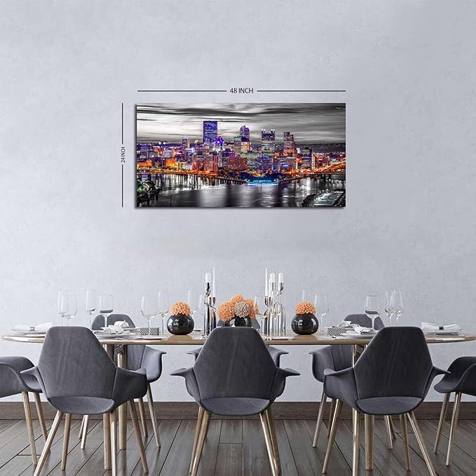 Large Pittsburgh Wall Art Black and White City Skyline Wall Decor for Living Room Office Decor Pennsylvania Night Cityscape Canvas Prints Modern Skyscraper Panoramic for Bedroom Home Decoration 24x48"