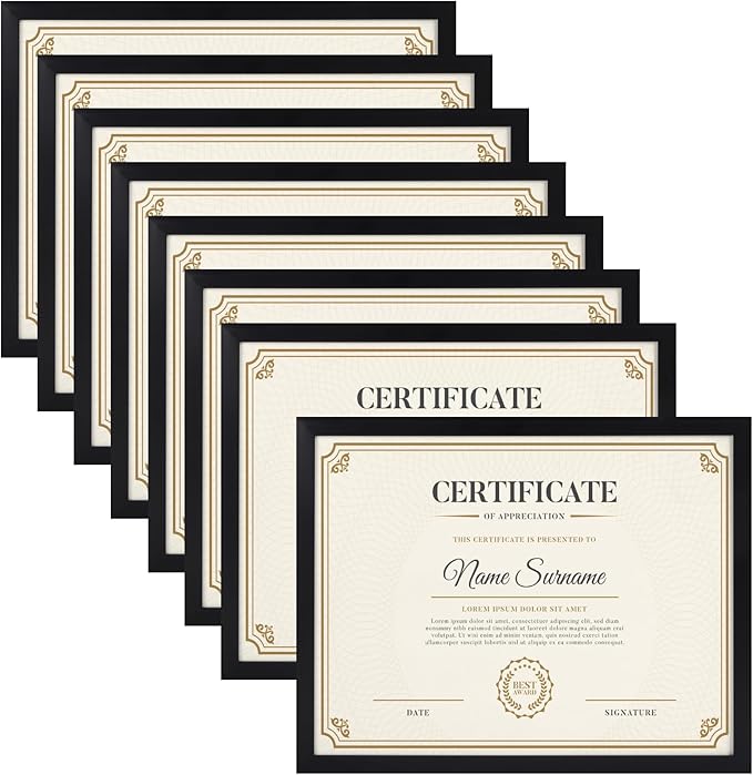 8.5x11 Black Picture Frames Set of 8, 8.5 by 11 Picture Frame for Award Certificate and Diploma Display on Wall or Tabletop