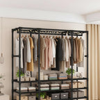 Portable Closet,Portable Closets for Hanging Clothes,Japanese Style Wardrobe with 3 Hanging Rods,9 Storage Shelves,56.2" L x 17.7" W x 65.1" H,Black