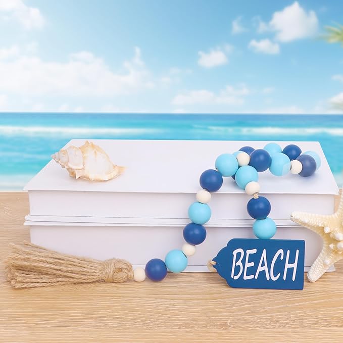 Meplait Wood Bead Garland, Coastal Tassel Garland with Beach Tag Boho Farmhouse Decor for Tiered Tray Table Centerpiece Wall Home Decoration