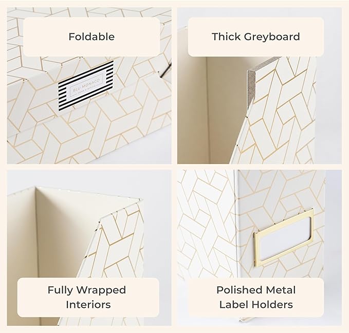 BLU MONACO | Cardboard Magazine File Holder Set of 4 | Vertical Magazine File Holder for Desk and Shelves | Cream Gold Foldable Magazine Holders with Label Slots