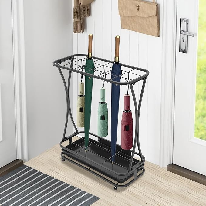 Large Capacity Umbrella Organizer, Industrial Free Standing Umbrella Rack Umbrella Display Rack with Removable Drip Tray, 18 Slots 10 Hooks for Entrance Home Office Patio Decoration, Black
