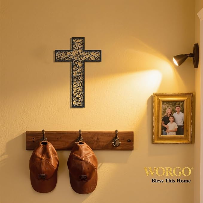 Black Metal Cross Wall Decor Iron Christian Cross for Home Church, Hollow Out Artistic Hanging Ornament, Crosses Wall Decor for Living Room, Bedroom, Decorative Thankful Religious Gift 11.8x7.9 inch