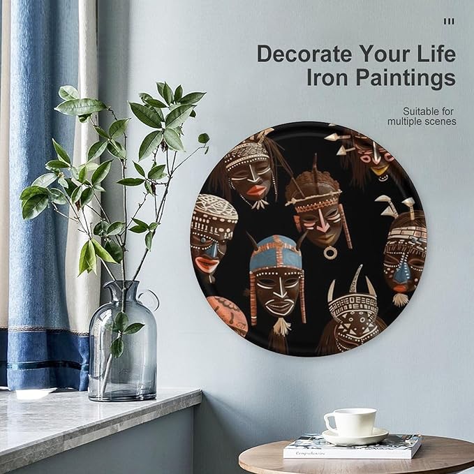 Wall Picture, with African Ritual Ethnic Tribal Printed Circular Iron Hanging Picture,Wall Art Decor,Home for Bedroom Living Room Bathroom Decor,Iron Painting 11.8X11.8 in