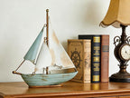 Retro Metal Sailboat Decor, Iron Nautical Sculpture for Home, Vintage Boat Figurine for Living Room Table, Office Desk, Bookshelf, Coastal Style Decoration (Blue & White)