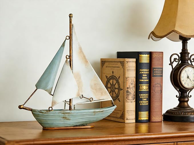 Retro Metal Sailboat Decor, Iron Nautical Sculpture for Home, Vintage Boat Figurine for Living Room Table, Office Desk, Bookshelf, Coastal Style Decoration (Blue & White)