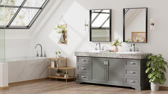 Keonjinn 24 x 32 Inch Black Mirror for Wall, Rectangle Bathroom Vanity Mirrors for Over Sink, Metal Framed Farmhouse Mirror, Square Corner Brushed Rectangular Mirror(Horizontal/Vertical)