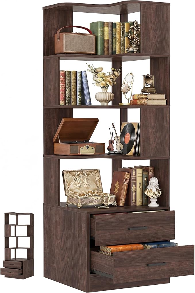 Armocity Corner Bookshelf with Drawers, 7 Tier Corner Book Shelf Display Bookcase, Freestanding L Shaped Bookshelf for Bedroom, Living Room, Home Office, Black Walnut