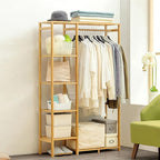 Bamboo Clothing Rack with 6 Tier Storage Shelf Multifunctional Garment Organizer Wardrobe Closet for Guest Room Kids Baby Bedroom Entryway
