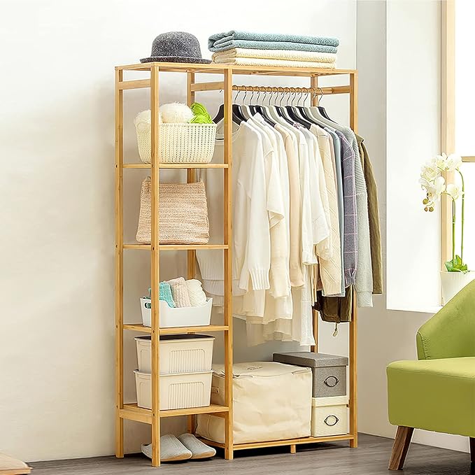 Bamboo Clothing Rack with 6 Tier Storage Shelf Multifunctional Garment Organizer Wardrobe Closet for Guest Room Kids Baby Bedroom Entryway