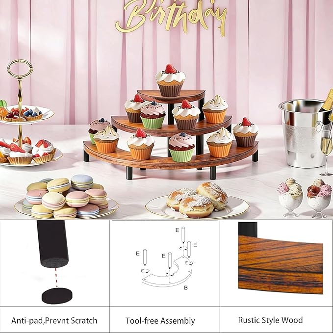 3-Tier Wooden Display Risers, Rustic Cupcake Stand, Perfume Organizer, Dessert Table Display Set for Party & Home Decor (2 Pack Brown)