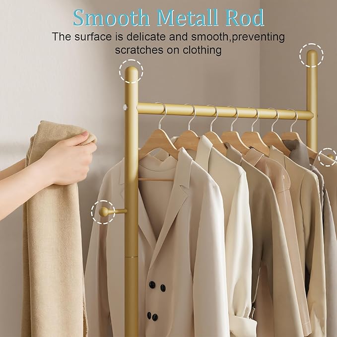 Nianerfaya Coat Hanger Stand with 2 Hooks, Standing Garment Storage for Indoor - Coat Tree for Hanging Clothes for Bedroom - 19.7" Wide Heavy Duty Clothe Rack Metal Clothing Hanger Rack (Gold)
