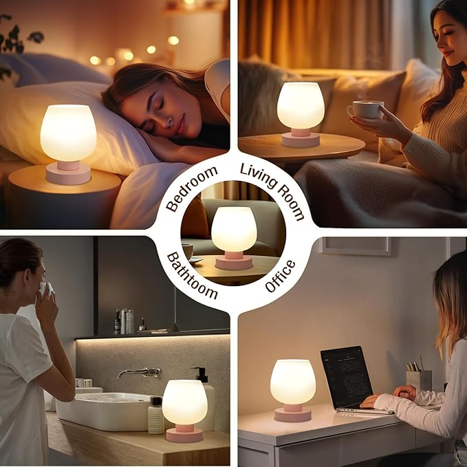 Seealle Pink Touch Table Lamp for Nightstand - Small Bedside Lamp for Bedroom Living Room Night Stands, Desk Lamp with White Glass Shade for Small Spaces, 3 Way Dimmable, LED Bulbs