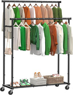 Double Rods Clothes Rack with Wheels Load 400 LBS, 45 Inch Rolling Clothing Rack for Hanging Clothes, Heavy Duty Garment Rack with Shelves, Metal Portable Closet, Black