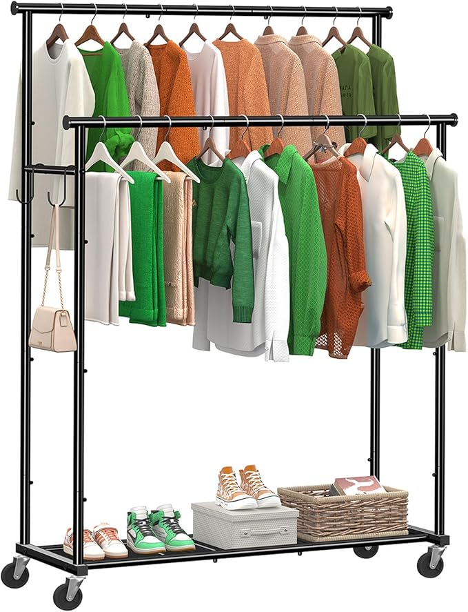 Double Rods Clothes Rack with Wheels Load 400 LBS, 45 Inch Rolling Clothing Rack for Hanging Clothes, Heavy Duty Garment Rack with Shelves, Metal Portable Closet, Black