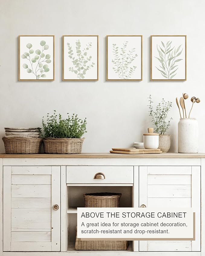 Drsoum Botanical Plant Framed Wall Art Boho Wall Decor for Bathroom Sage Green Eucalyptus Leaf Prints Minimalist Aesthetic Ready to Hang Set of 4, 8x10 in (Natural Framed)