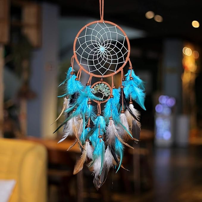 MOONFLY Dream Catcher Handmade Traditional Feather Dreamcatcher Hanging Home Wall Decoration Craft Ornament for Home, Bedroom, Kids, Boys Native American Style Décor (Green Life Tree)