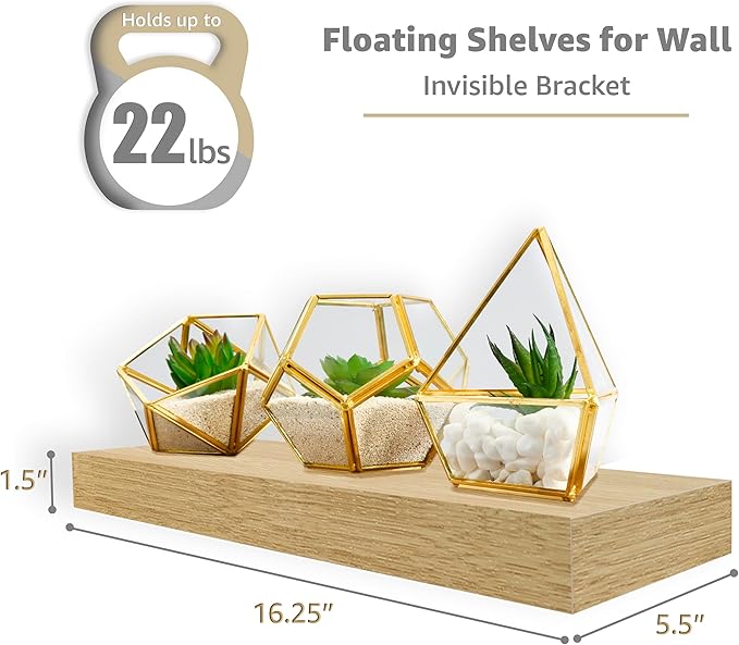 Sorbus Floating Shelves for Wall – 16 Inch Floating Shelf for Kitchen, Bedroom, Living Room, Bathroom, Home & Wall Decor - Mounted Bathroom Shelves with Invisible Brackets (Maple Wood, 3 Pack)