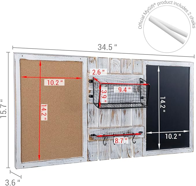 MyGift 3 Panel Wall Mounted Entryway Bulletin Board Combo Set with Shabby White Washed Solid Wood Frame, Chalkboard, Cork Board, Black Metal Mail Basket, and Hanging Rail