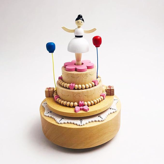 Natural Solid Wood Handcrafted Beech Wooden, Musical FigureTotoro/Carousel/Fairy/Ballerina Figurine,Rotating Hand Crank Mechanism Music Box,Musical Decorations (Lovely Girl's Birthday Cake)