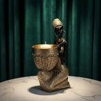 Lescafita Handmade African Tribal Woman Sculpture - Gold Adorned Seated Figure with Basket, Vintage Resin Statue for Home Decor, Unique Housewarming Gift for Shelf/Table (9.65" H)