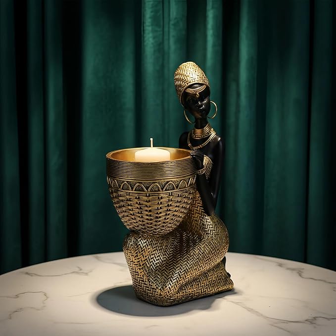 Lescafita Handmade African Tribal Woman Sculpture - Gold Adorned Seated Figure with Basket, Vintage Resin Statue for Home Decor, Unique Housewarming Gift for Shelf/Table (9.65" H)