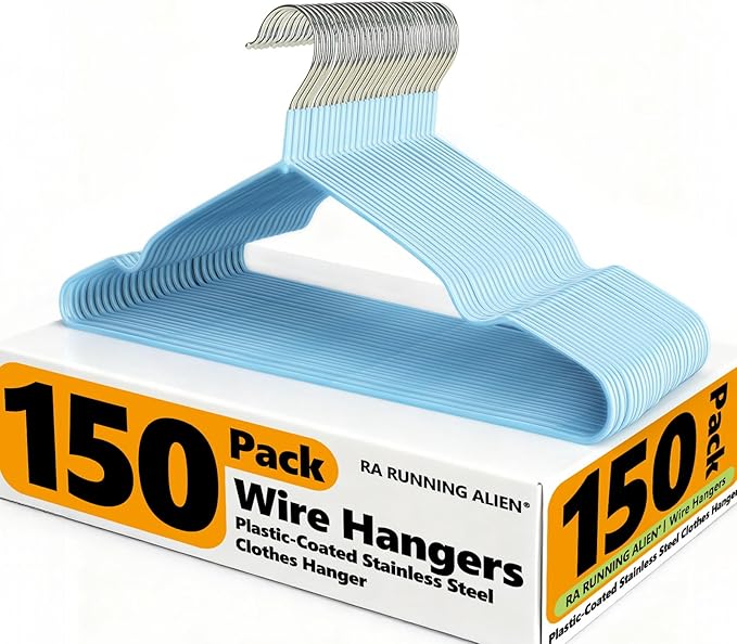 150 Pack Clothes Hangers,Non Slip Blue Plastic Coated Metal Coat Hanger for Closet,Sturdy Thin Hangers Bulk Space Saving Hangers for Pants,Skirt,Shirt,Dress,Tie