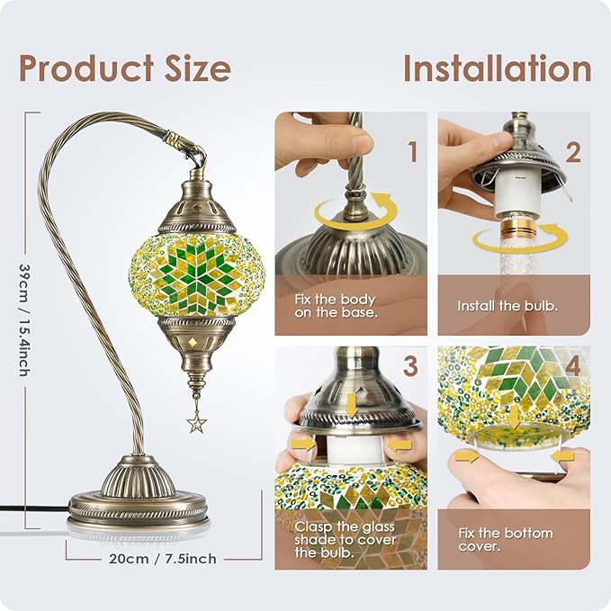 Yarra-Decor Turkish Moroccan Lamp with Bronze Base 3 Color Options Handmade Swan Neck Tiffany Mosaic Glass Bedside Lamps for Bedroom (LED Bulb Included)(6)