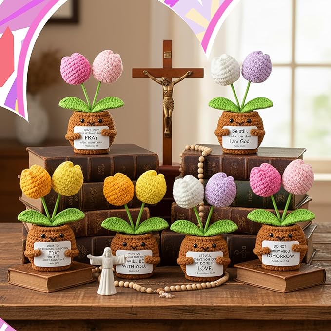 Wavwavw 6 Pcs Christian Gift for Women Inspirational Religious Gifts Positive Faith Scripture Crochet Handmade Bible Verse Crochet Doll with Prayer Card for Vbs Church(Tulip)
